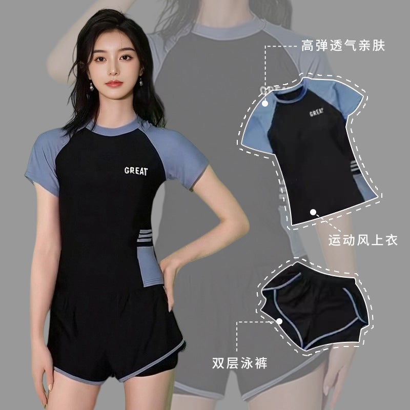 Slimming Plus-Size Short-Sleeve Spring Swimsuit For Curvy Women, Conservative, Non-Covering, Sporty Two-Piece Swimsuit Set - Image 2